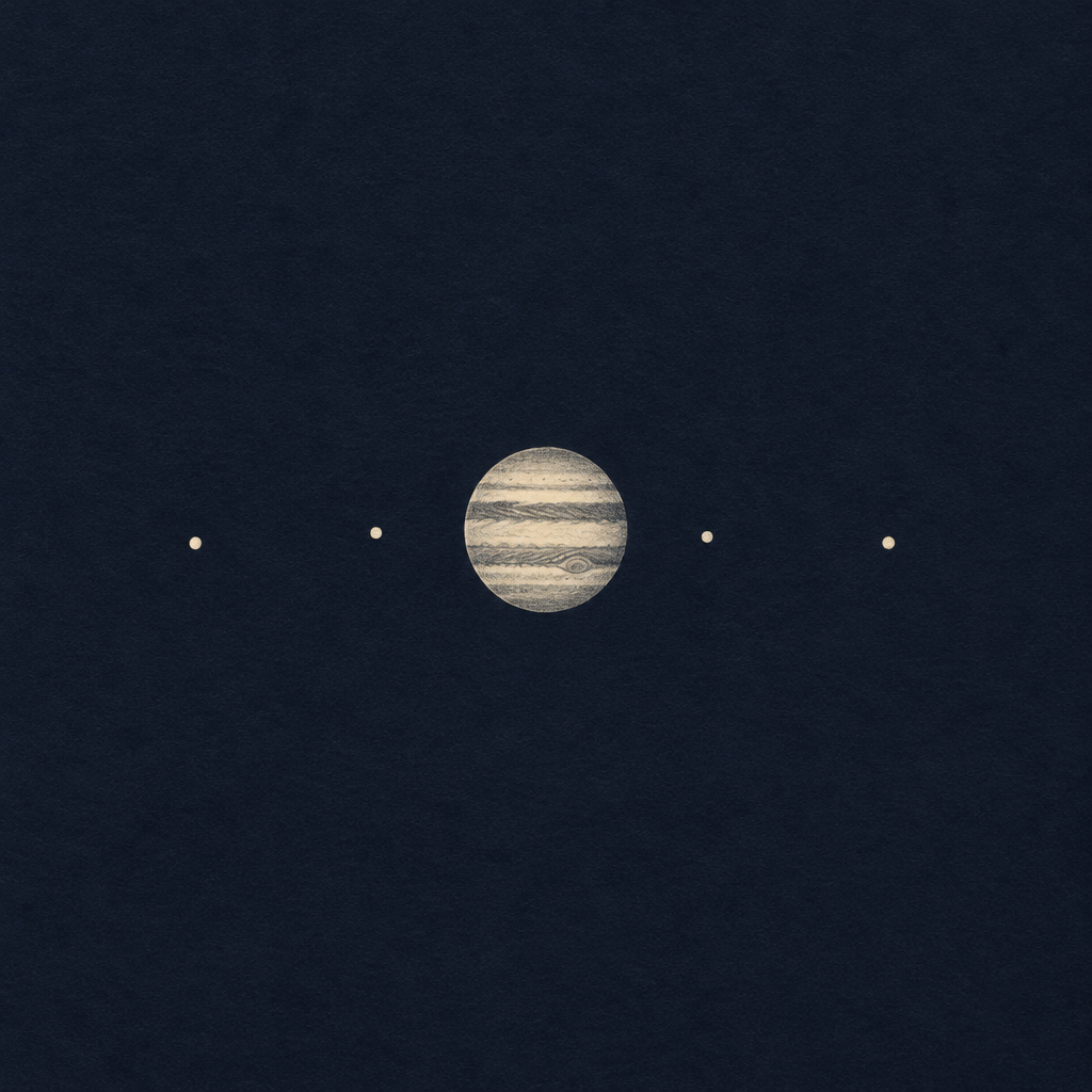 Minimal astronomy field-sketch diagram of Jupiter with two equatorial cloud bands and four Galilean moons marked along a horizontal line