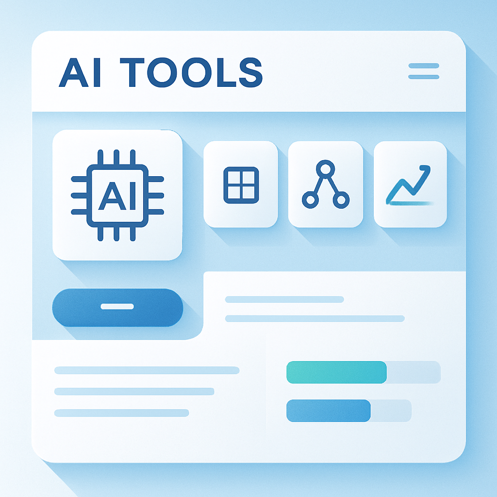 极简未来感蓝白配色的 AI 工具平台界面插画，科技感明快氛围