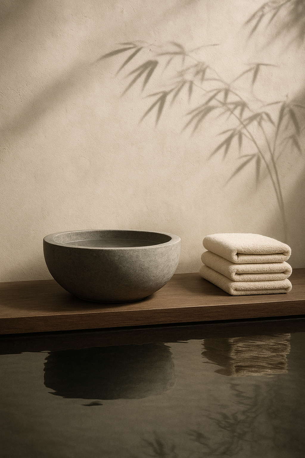 Tall serene spa scene with a carved stone basin, neatly folded cream towels, soft bamboo shadows, and reflective water highlights