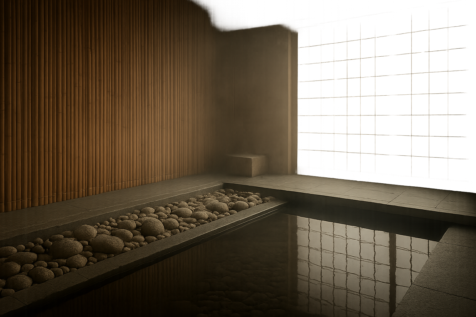 Serene Japanese-inspired spa interior with bamboo accents, smooth stones, soft steam, reflective water, and restrained natural light