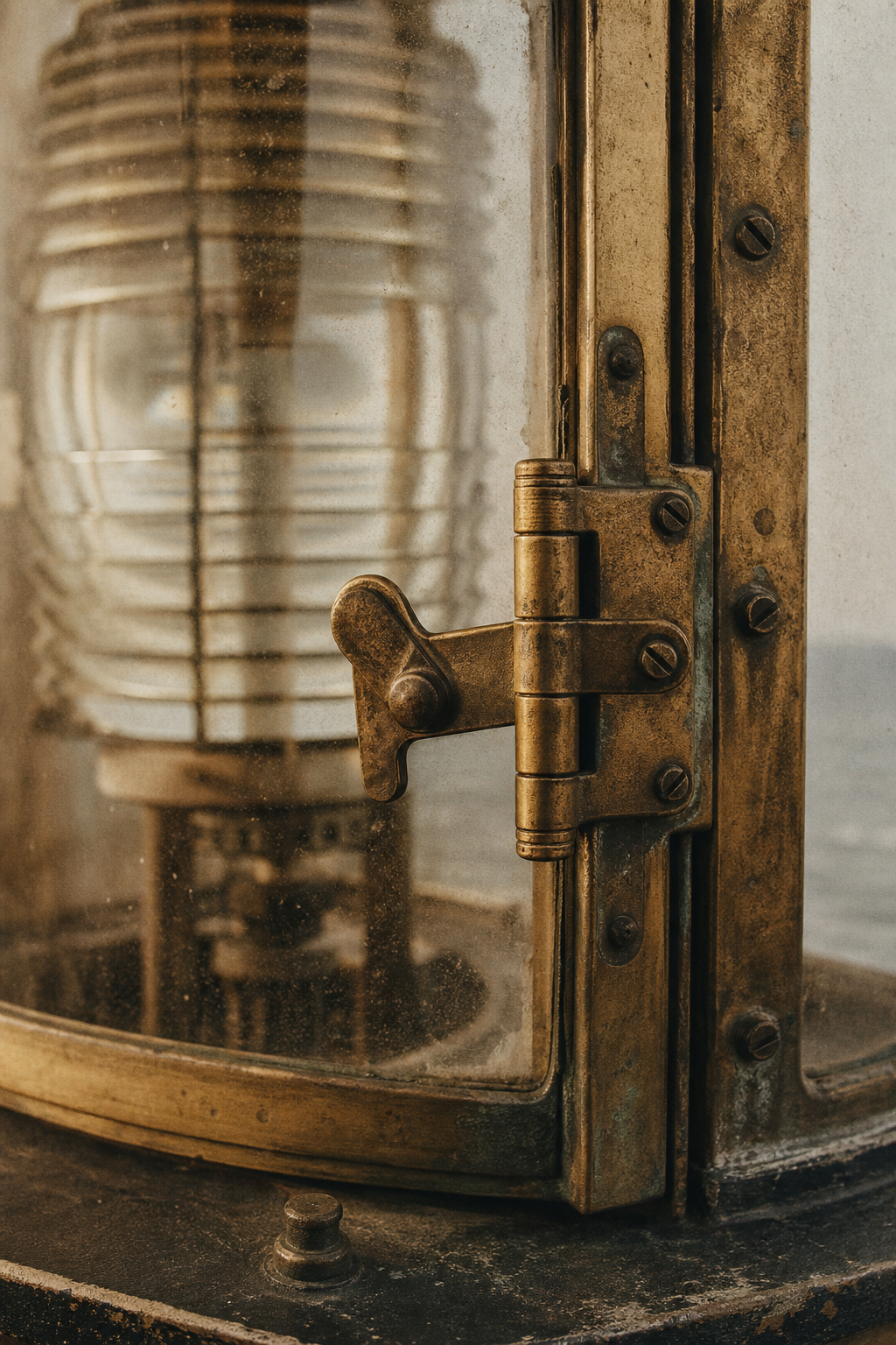 Close archival-style detail of lighthouse lantern hardware with brass fasteners, fogged glass texture, and weathered patina