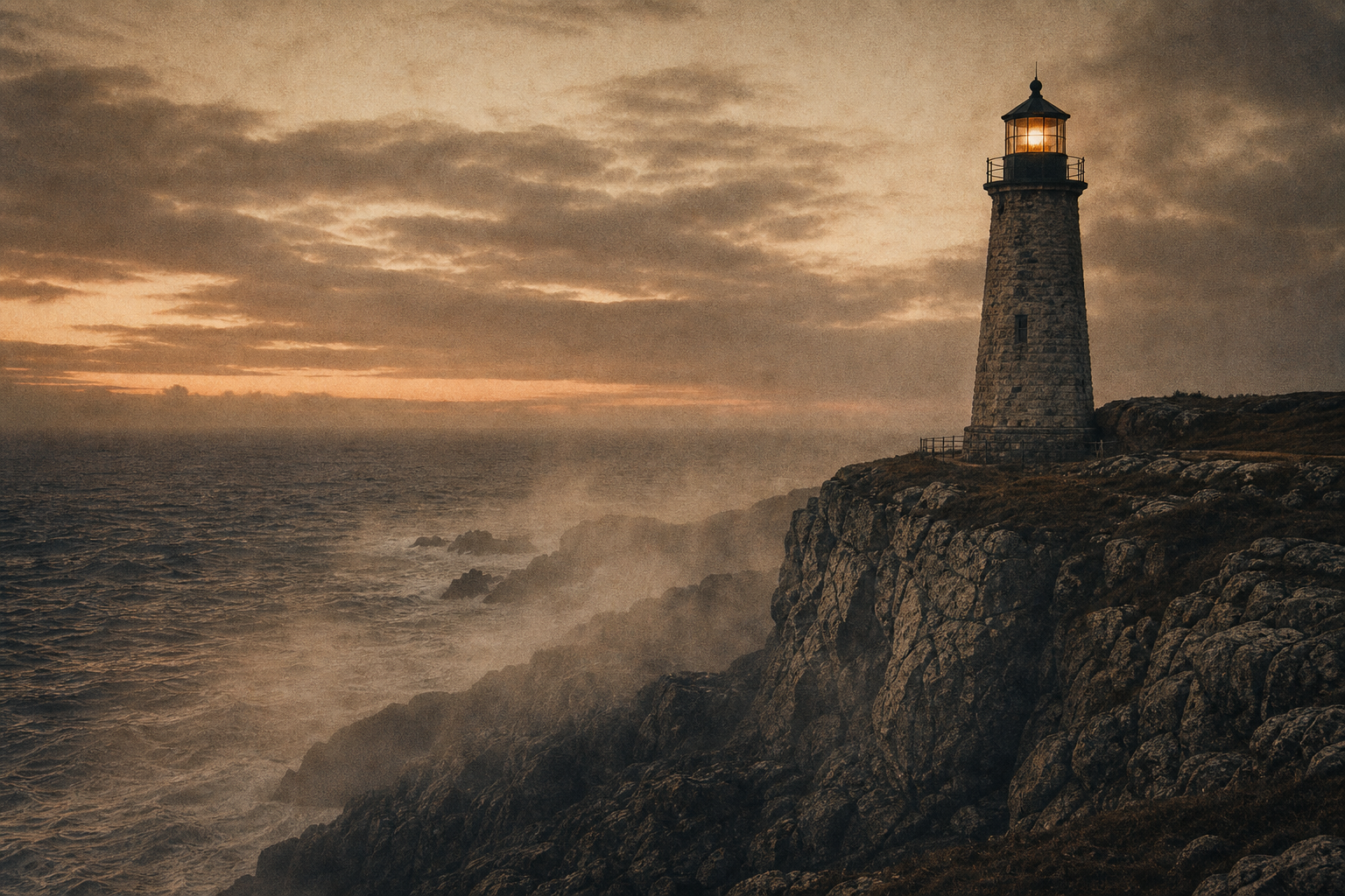 Warm dusk scene of a northern coast lighthouse built from weathered stone above misty water, with a subtle lantern glow and gentle archival film grain