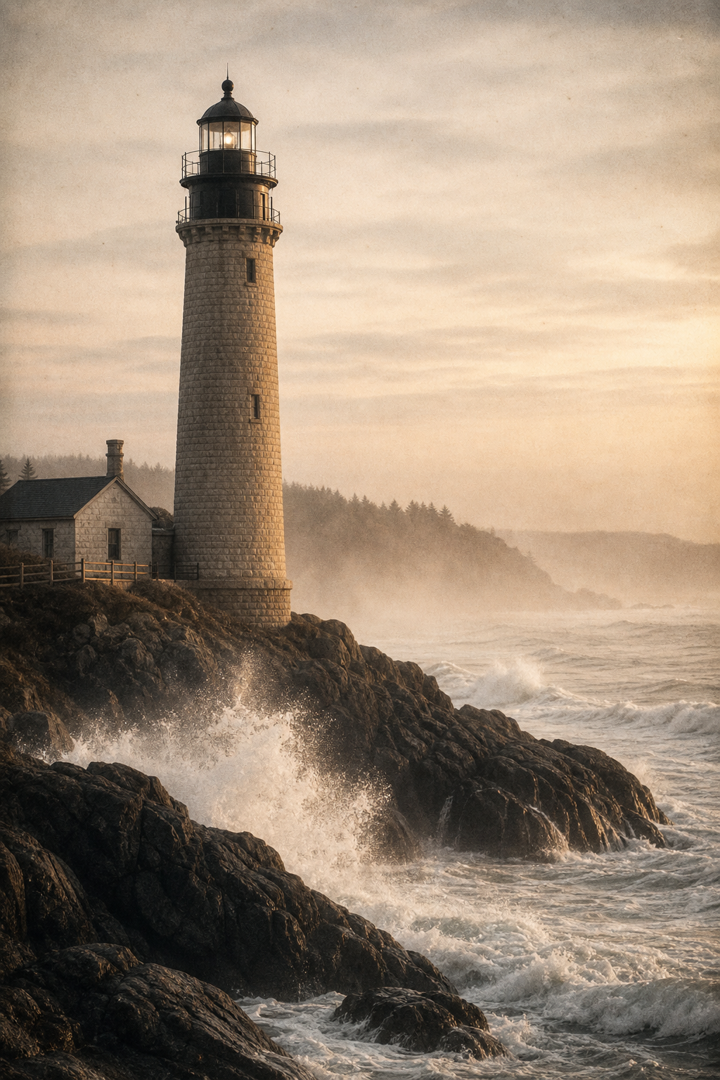 Tall stone lighthouse rising above misty surf at dawn with waves breaking against dark coastal rocks