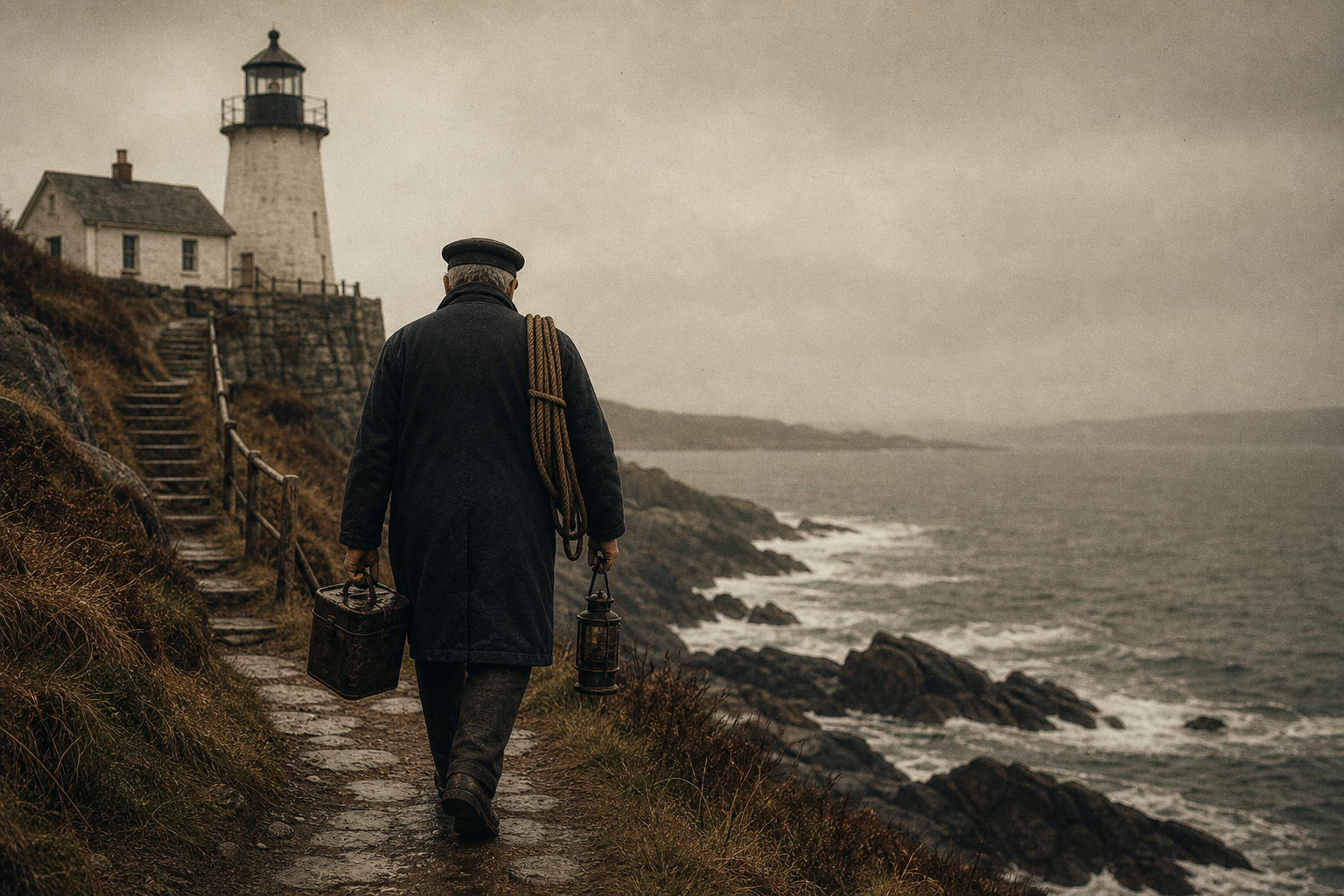 Keeper walking a narrow shoreline maintenance path carrying tools beside a windswept cliff and sea