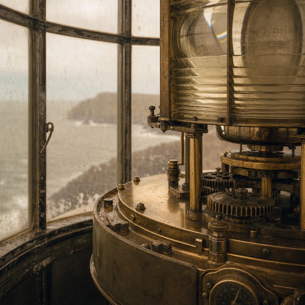 Close view of a brass lantern mechanism and weathered glass panes inside a historic lighthouse lantern room