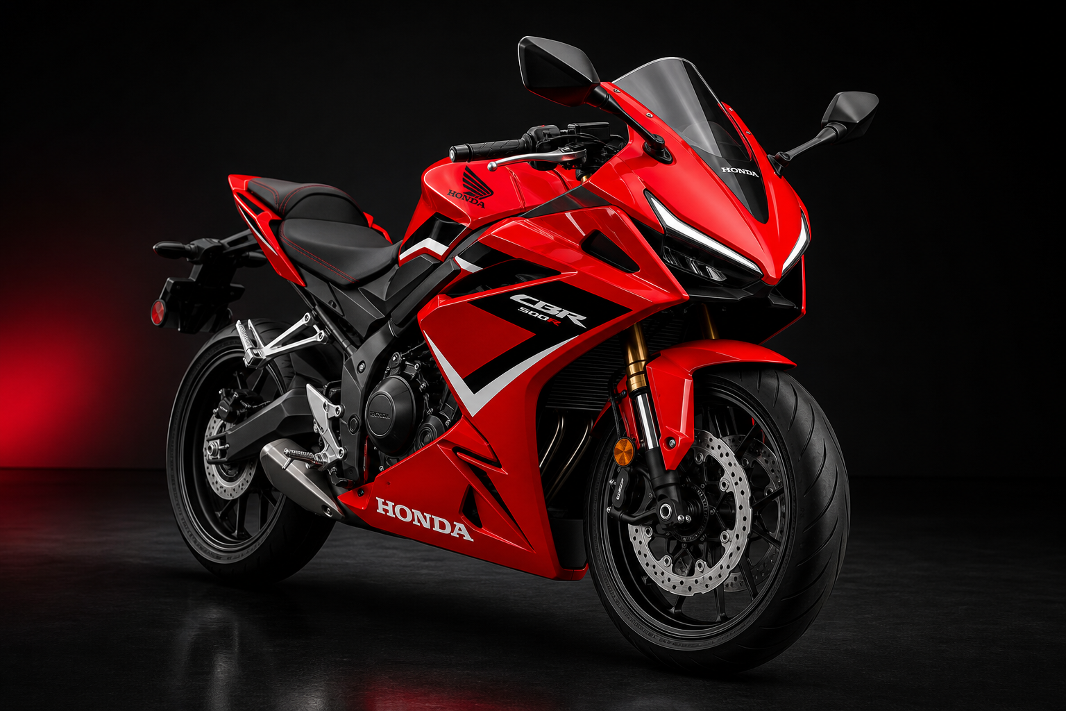 Sleek red Honda sport motorcycle in three-quarter view with sharp fairings, black wheels, and a low aggressive stance