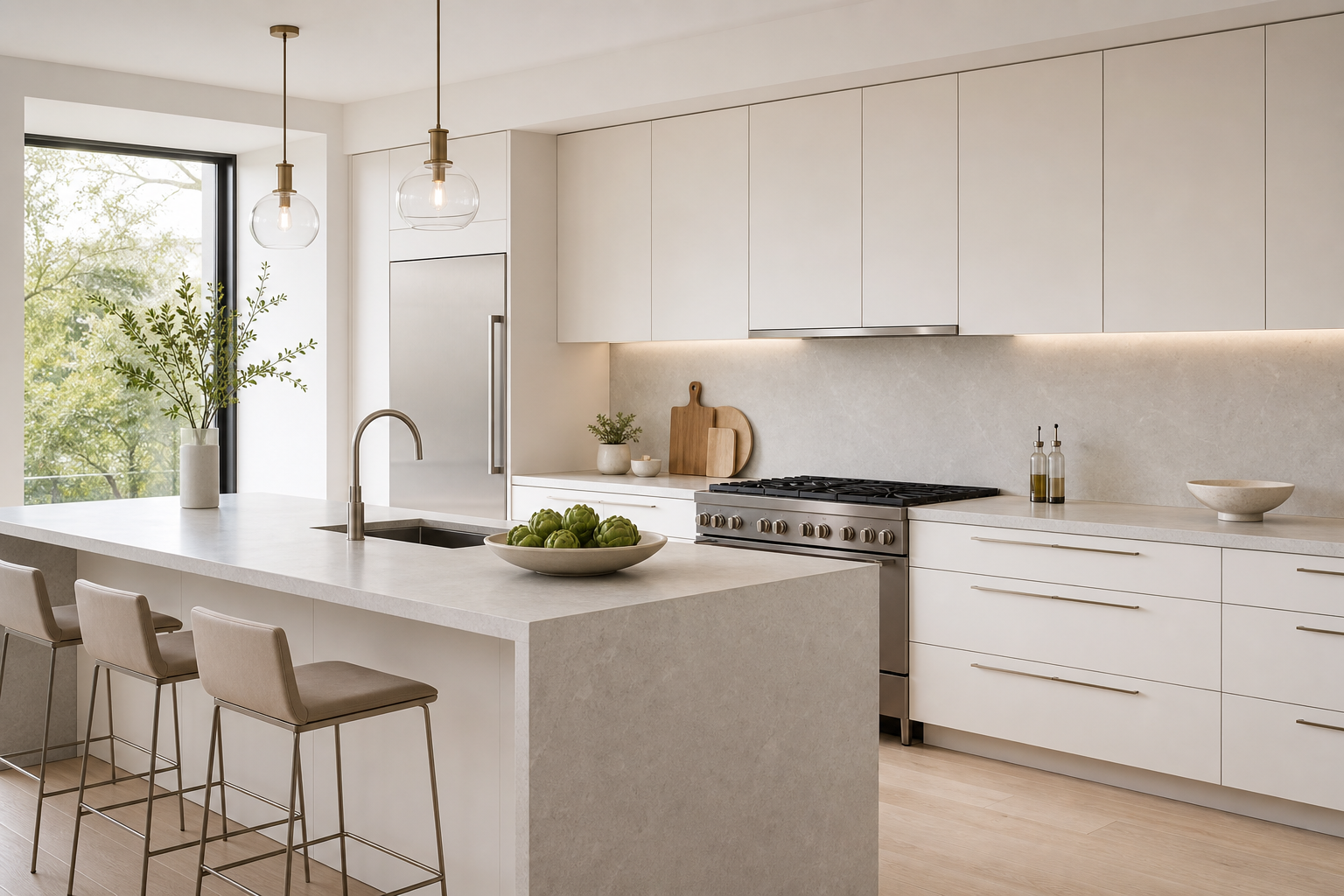 Bright, minimalist kitchen interior with matte cabinetry, light stone countertops, and sleek metal fixtures