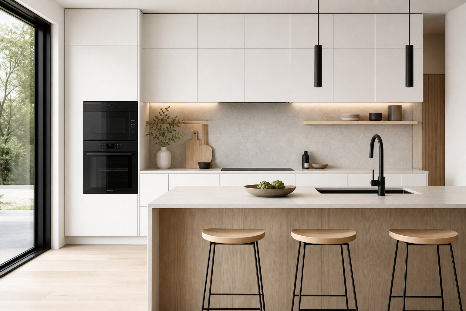 Bright minimalist kitchen with matte white cabinetry, light oak accents, slim black fixtures, and a soft neutral stone backsplash, photographed with natural daylight