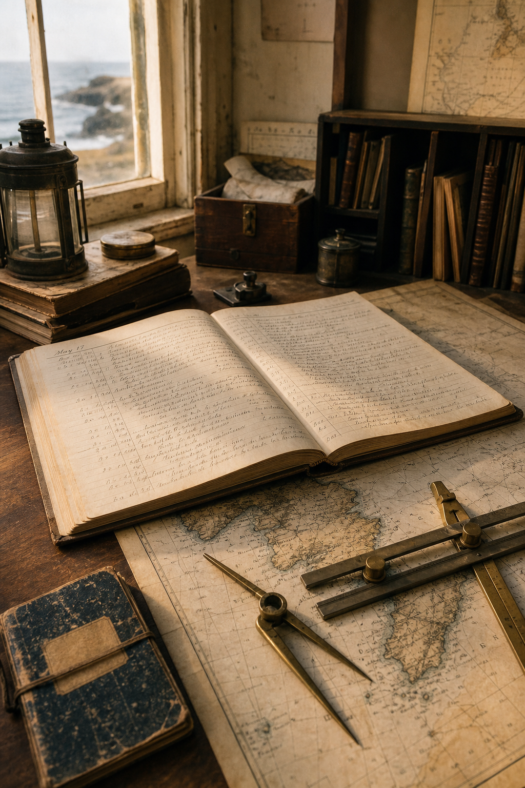 Faded chart-room desk with lighthouse logbook pages, brass navigation instruments, and detailed northern-coast mapping notes