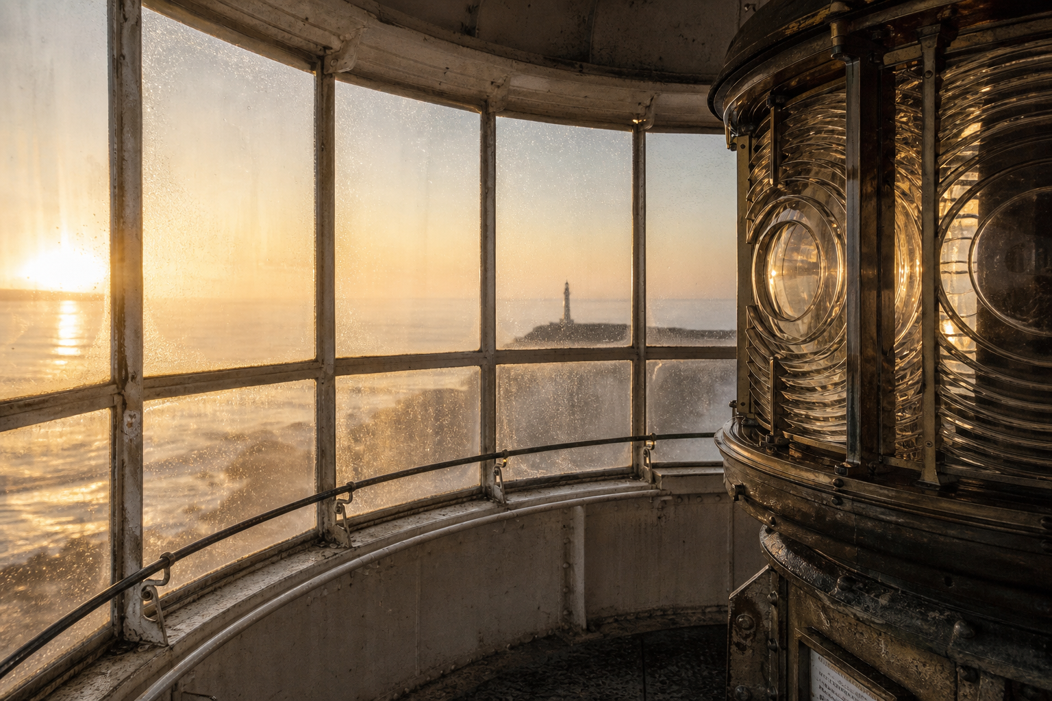 Lighthouse lantern room at first light with salt haze softening the glass panes