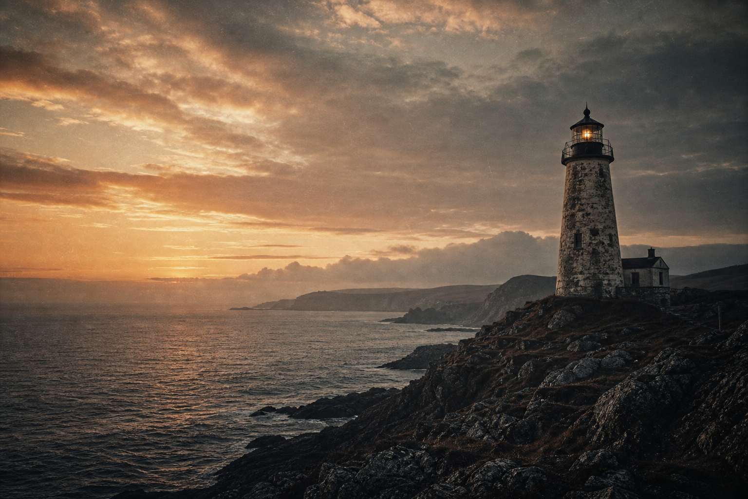 Weathered stone lighthouse above a rugged northern shoreline at dusk, warm film-photography tones, sea haze, and archival grain texture