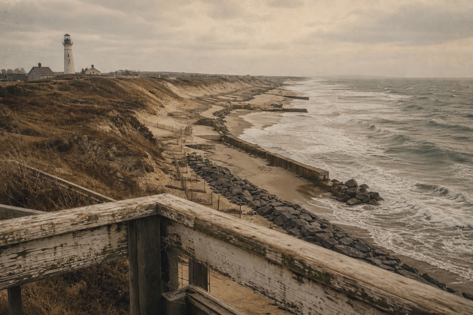 Aged coastal lookout showing shifted dunes and sea walls along the northern shore