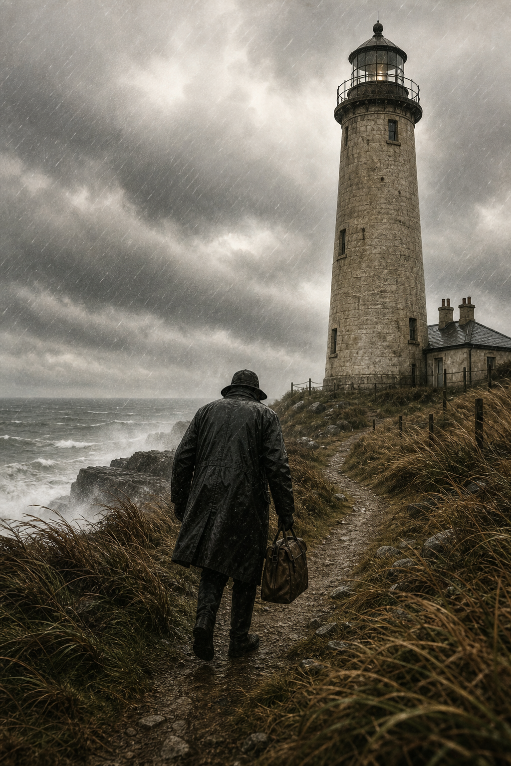 Keeper crossing a windswept path beside the lighthouse tower in rough storm-season weather
