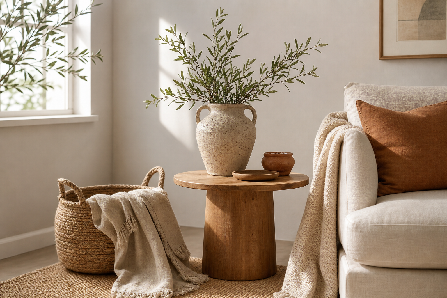 Styled handmade decor in a calm neutral interior with natural light