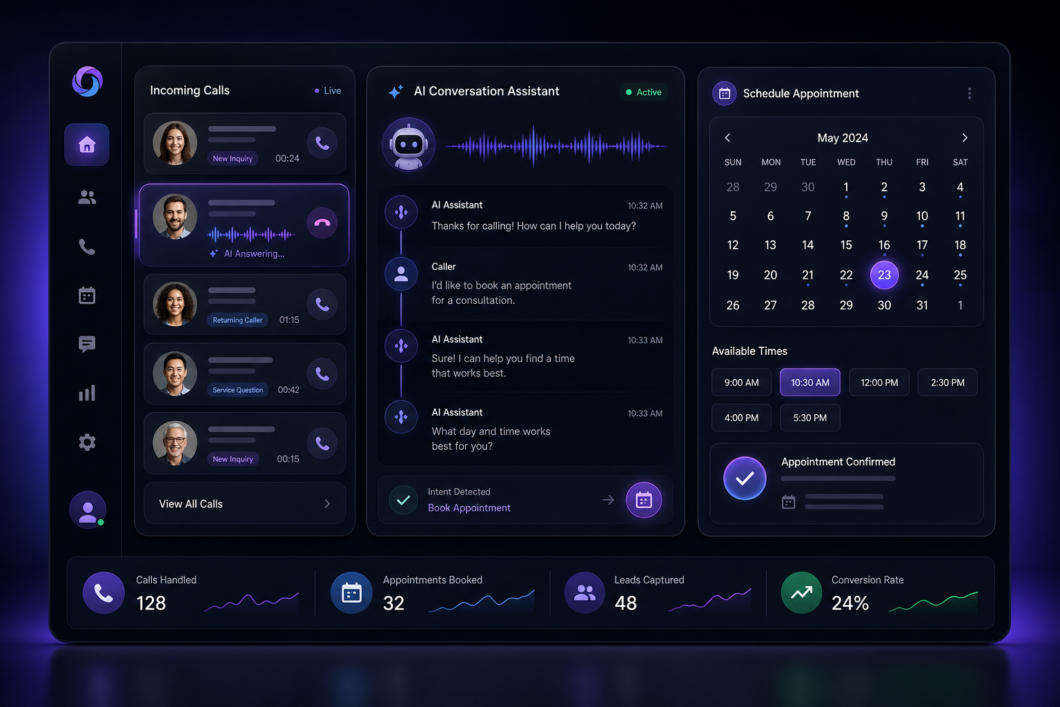 Business call automation interface with a scheduling flow dashboard displayed in a premium dark UI