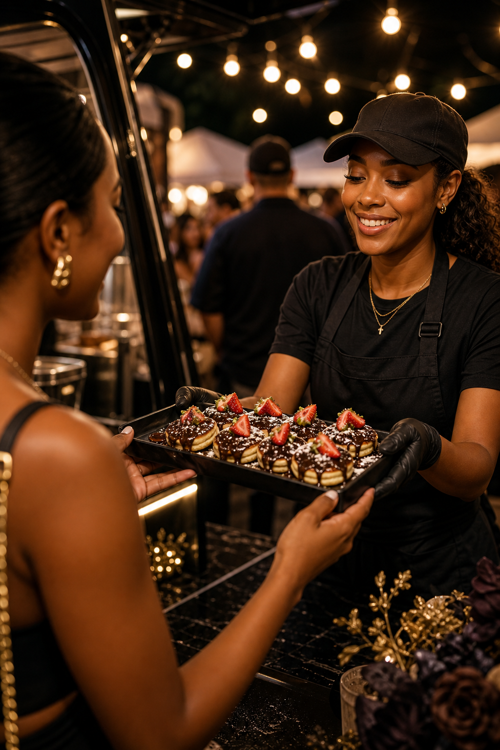 Close-up of a Batter Noir server handing a tray of loaded mini pancakes with glossy chocolate drizzle and fresh berries at an evening pop-up