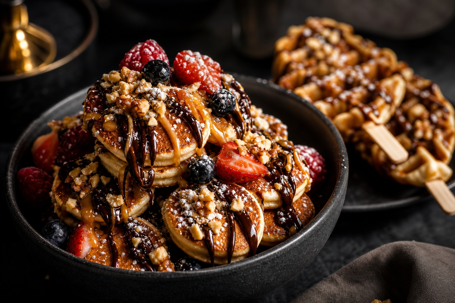 Close-up of loaded mini pancakes with glossy sauces, waffle textures, and premium baked dessert toppings in warm highlights against a moody dark setting