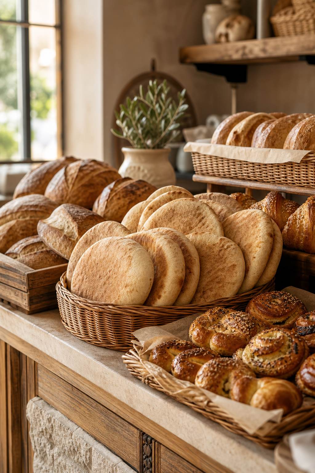 Warm bakery counter display with stacked fresh pita, golden breads, and assorted daily baked goods in a welcoming local shop