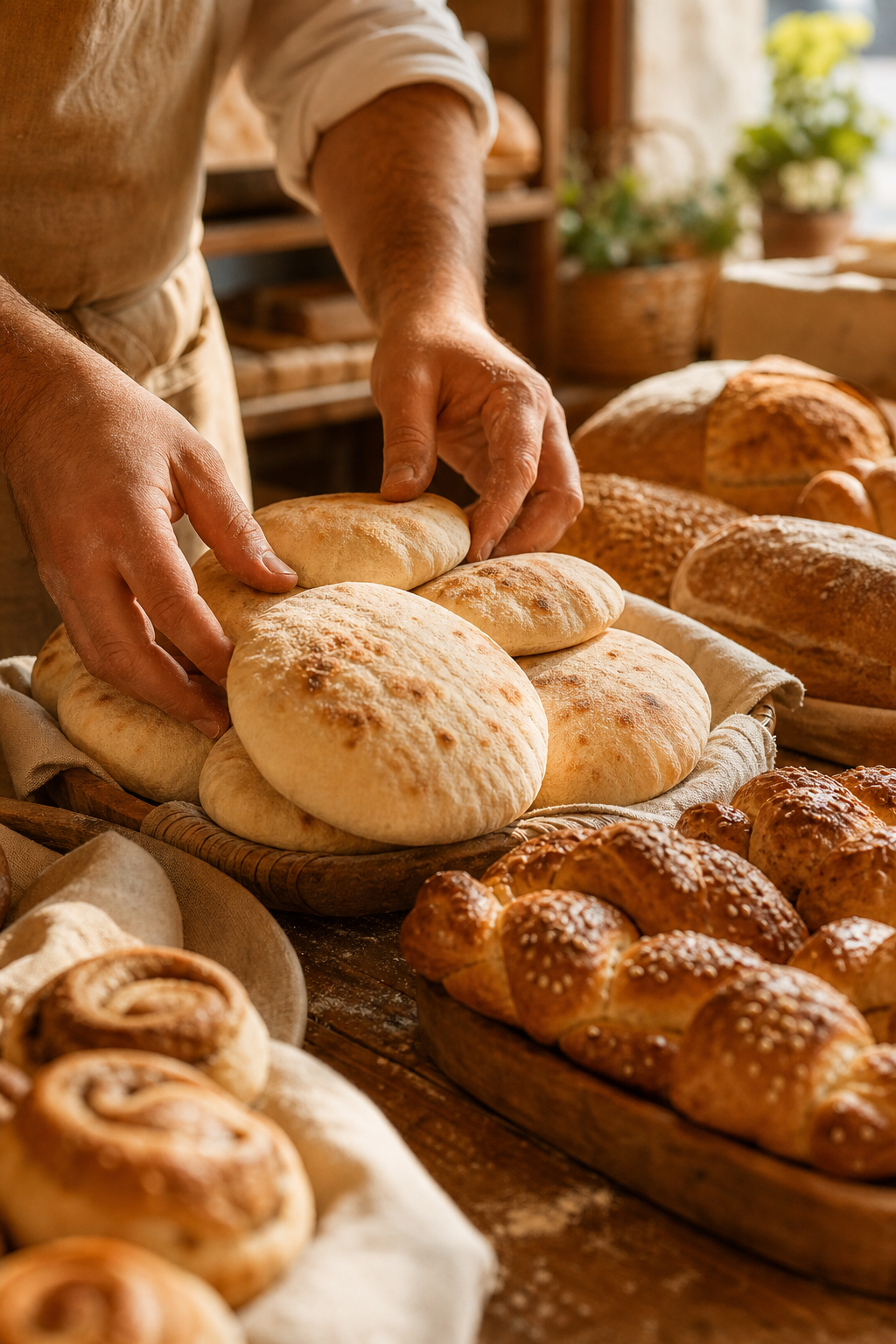 Hands arranging fresh pita and baked goods on a wooden bakery counter in warm morning light