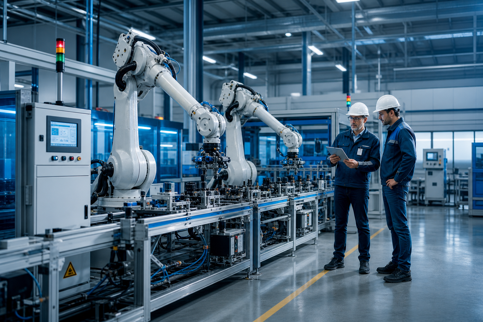 Modern industrial automation line with robotic arms, control panels, and technicians in a clean manufacturing facility