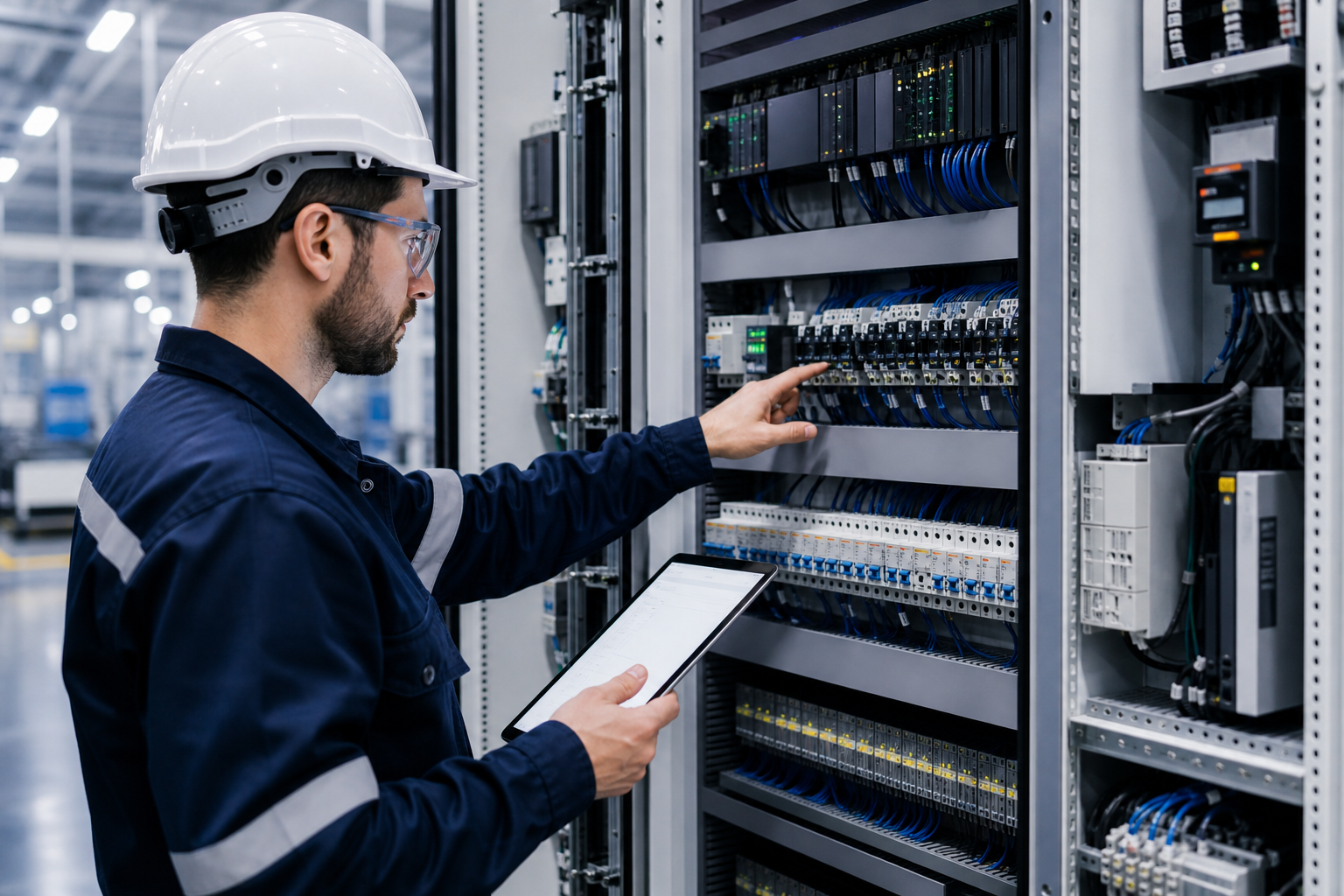 Technician inspecting a modern industrial automation equipment rack with control panels and cable management in a clean manufacturing facility