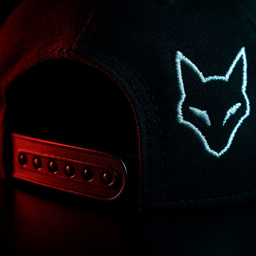 Close-up of snapback adjuster and embroidered detail on black fabric, high-contrast lighting