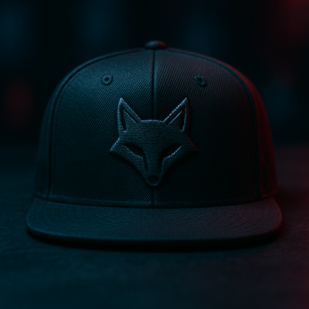 Black snapback hat front view with embroidered fox mark, photographed on matte black surface