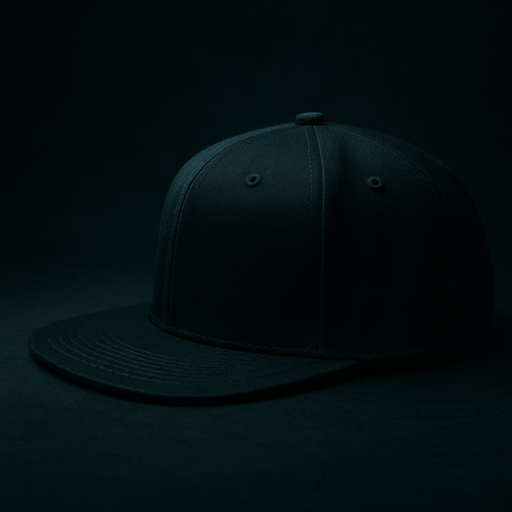 Side profile of a black snapback with flat brim and tonal stitching, moody studio lighting