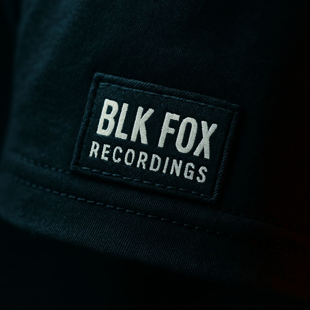 Close-up of thick black cotton tee fabric with woven label and stitched hem, low-key lighting