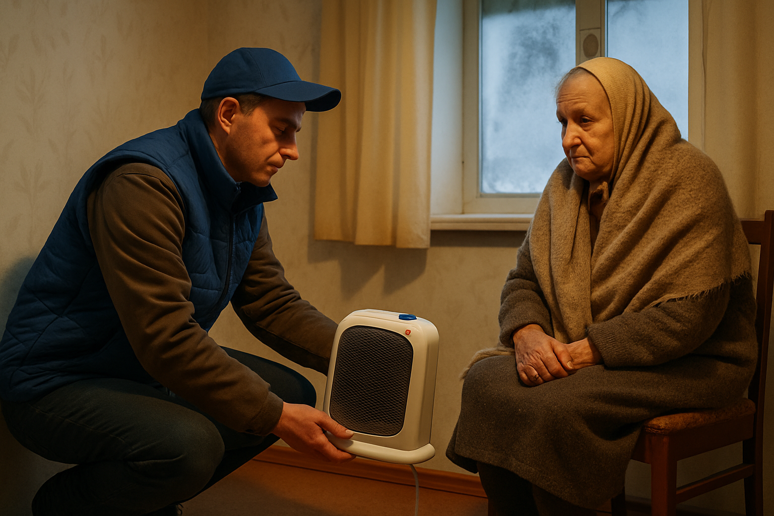 Technician installing a portable heater in a modest Ukrainian home