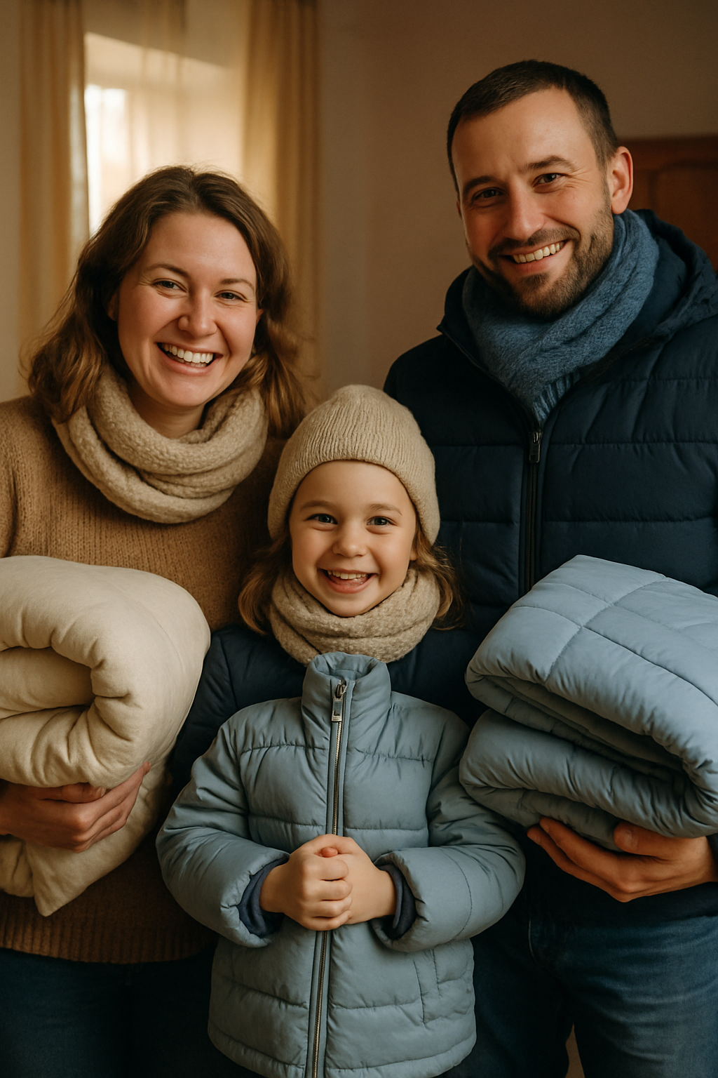 A family in Ukraine receiving warm winter supplies, smiling with gratitude inside a cozy home