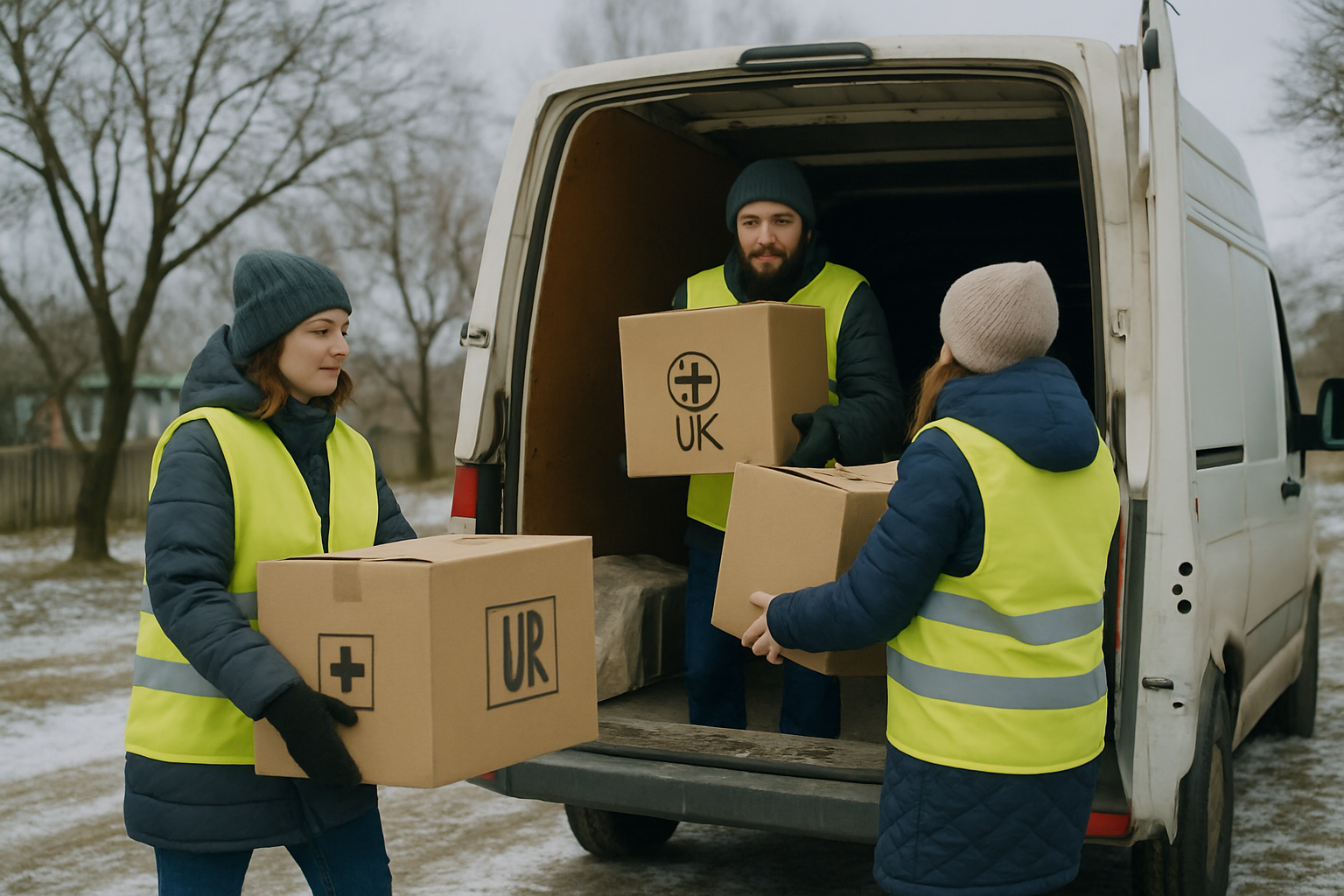 Community volunteers loading aid boxes onto a van in a Ukrainian village