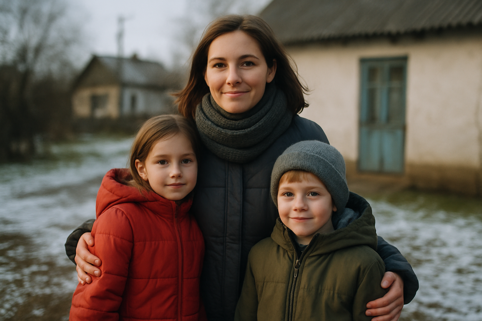 Ukrainian mother and two children receiving warm winter coats near their home
