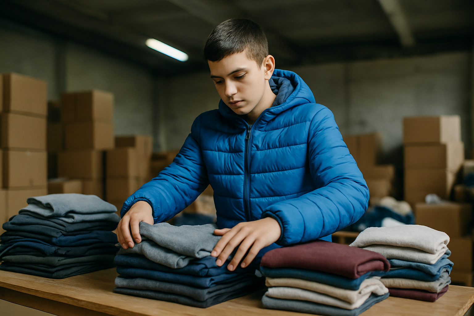 A teenage boy in a blue winter jacket sorting donated clothing and supplies