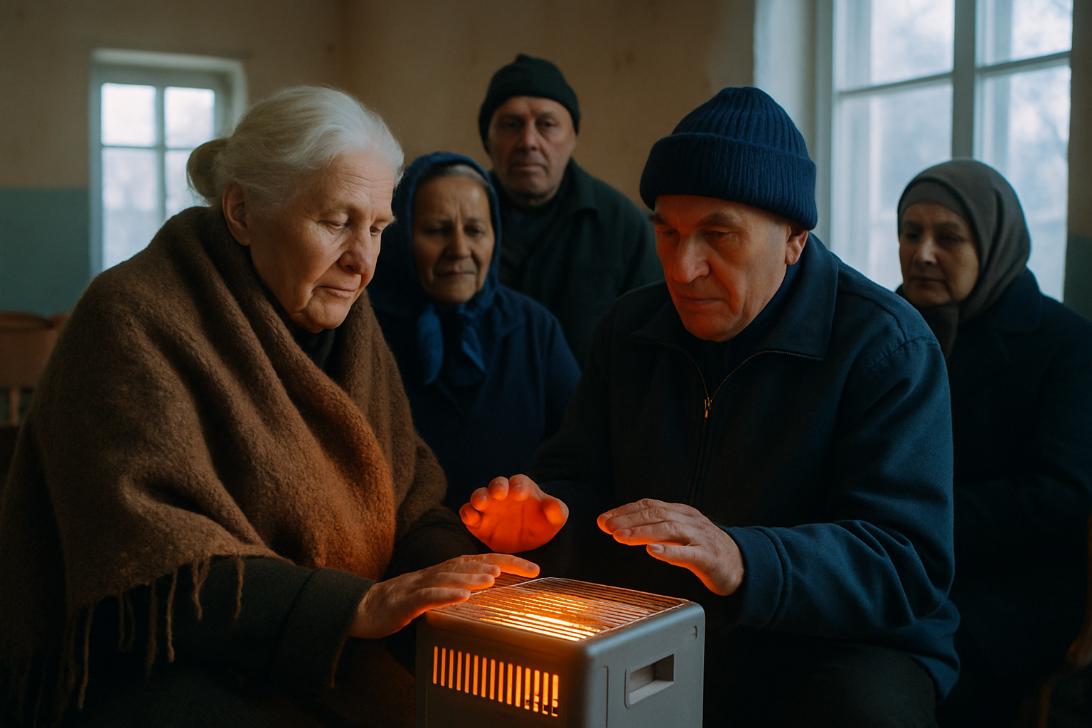 Elderly villagers gathered around a portable heating unit in a community center