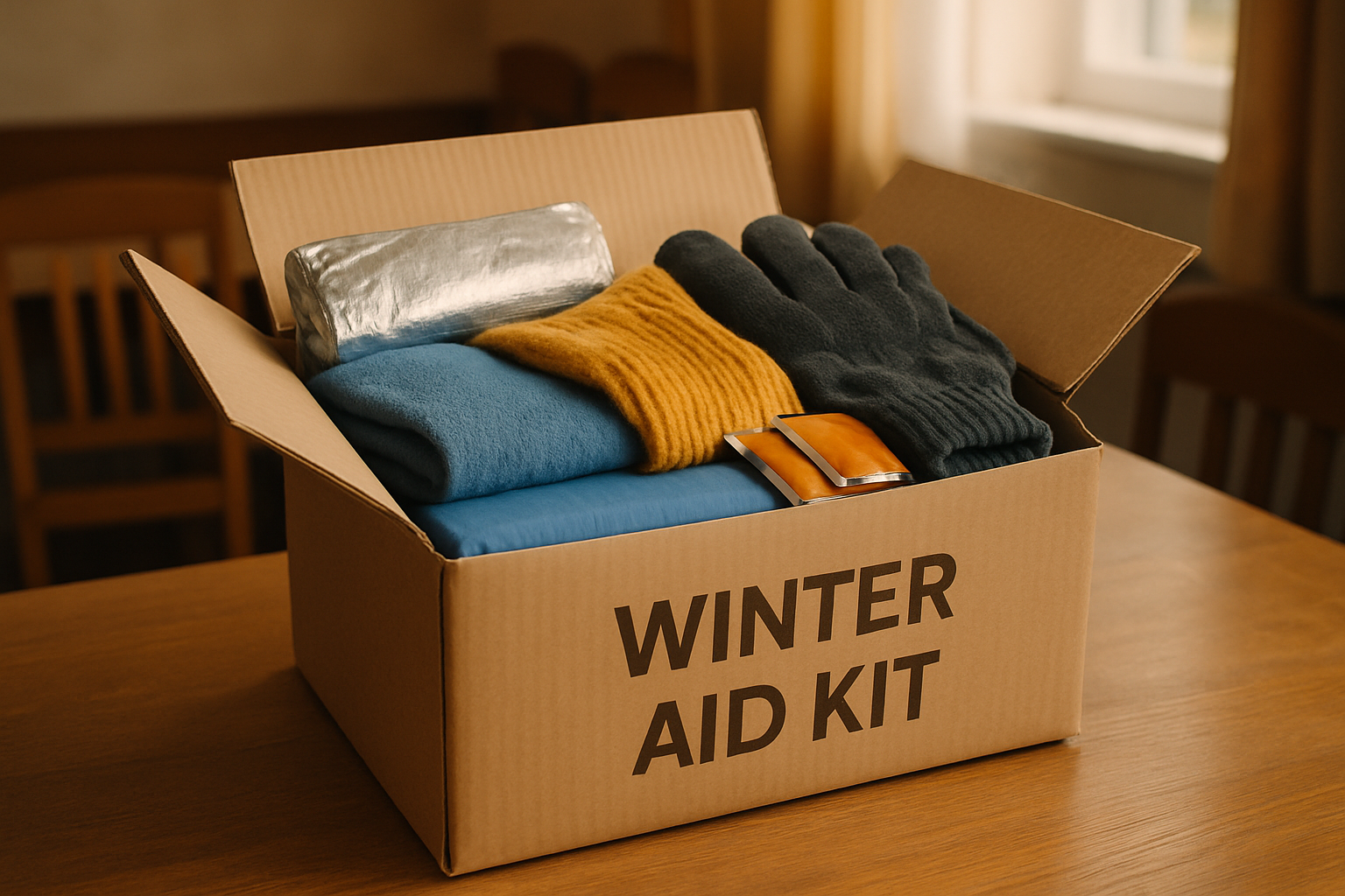 Emergency winter kit with blankets, warm clothing and supplies packed in a box