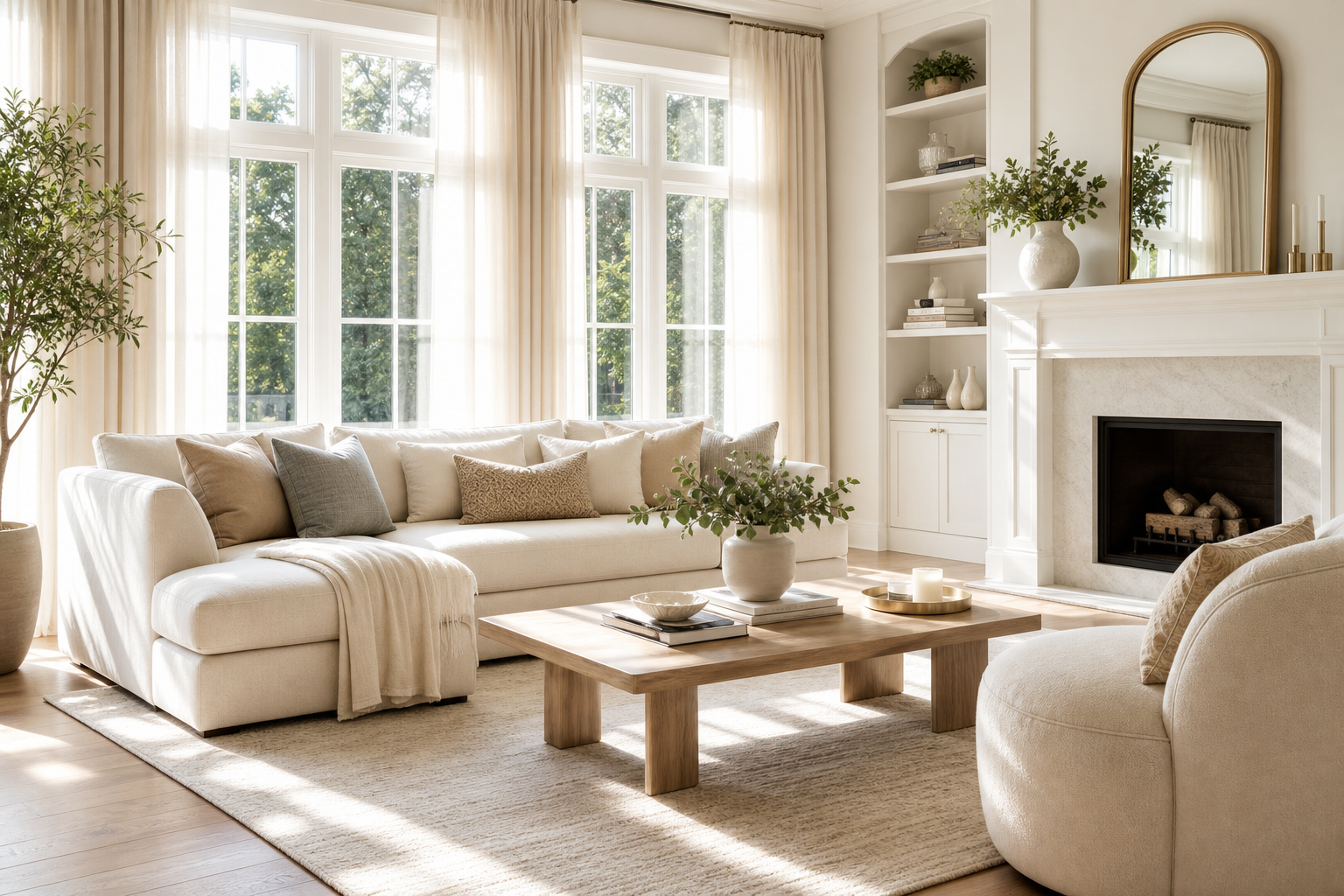 Bright, elegant living room with large windows, a soft neutral sofa, a polished wood coffee table, and tidy surfaces reflecting a freshly cleaned space
