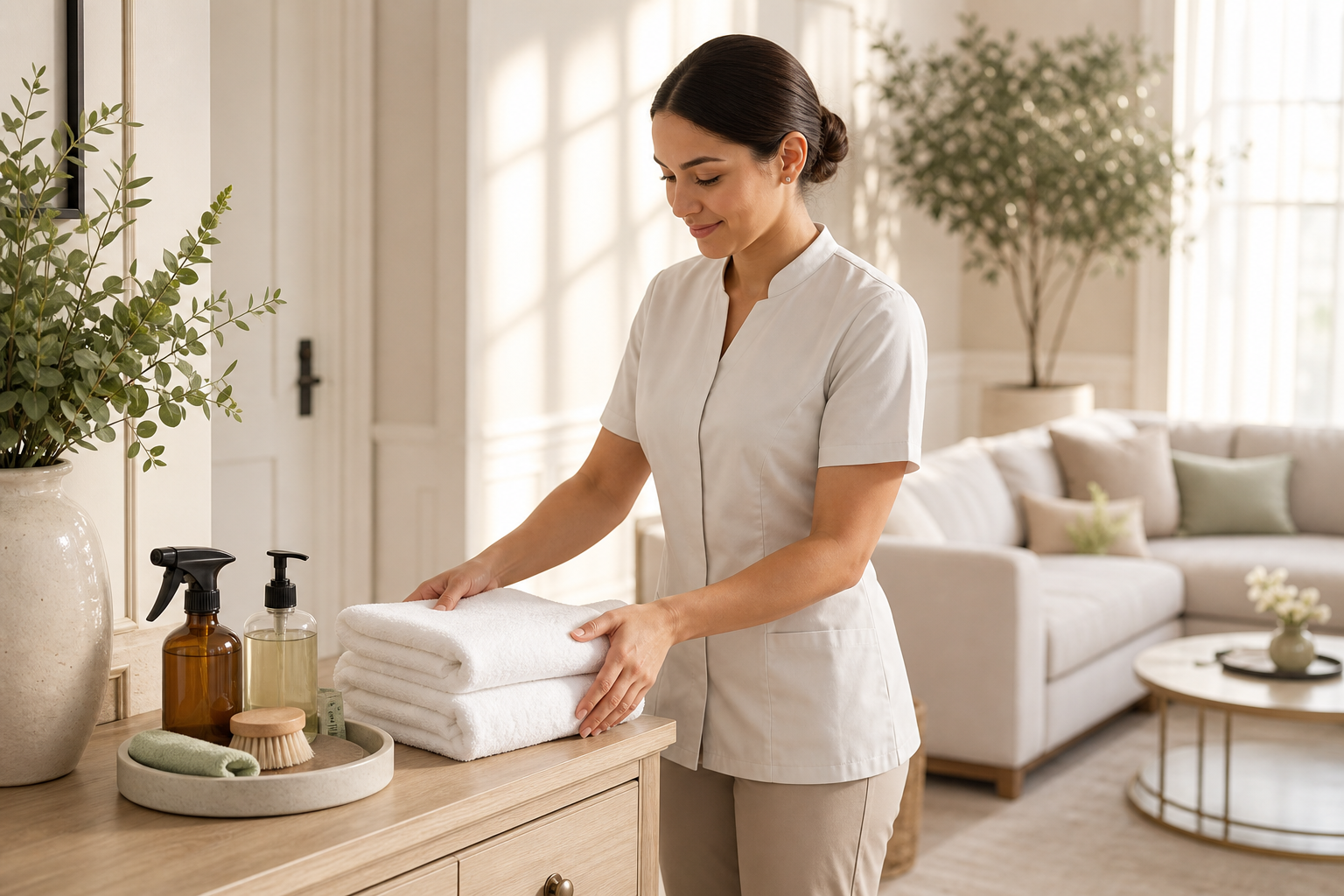 Manor & Mint Cleaning team member arranging fresh towels and cleaning supplies in a bright, elegant living room