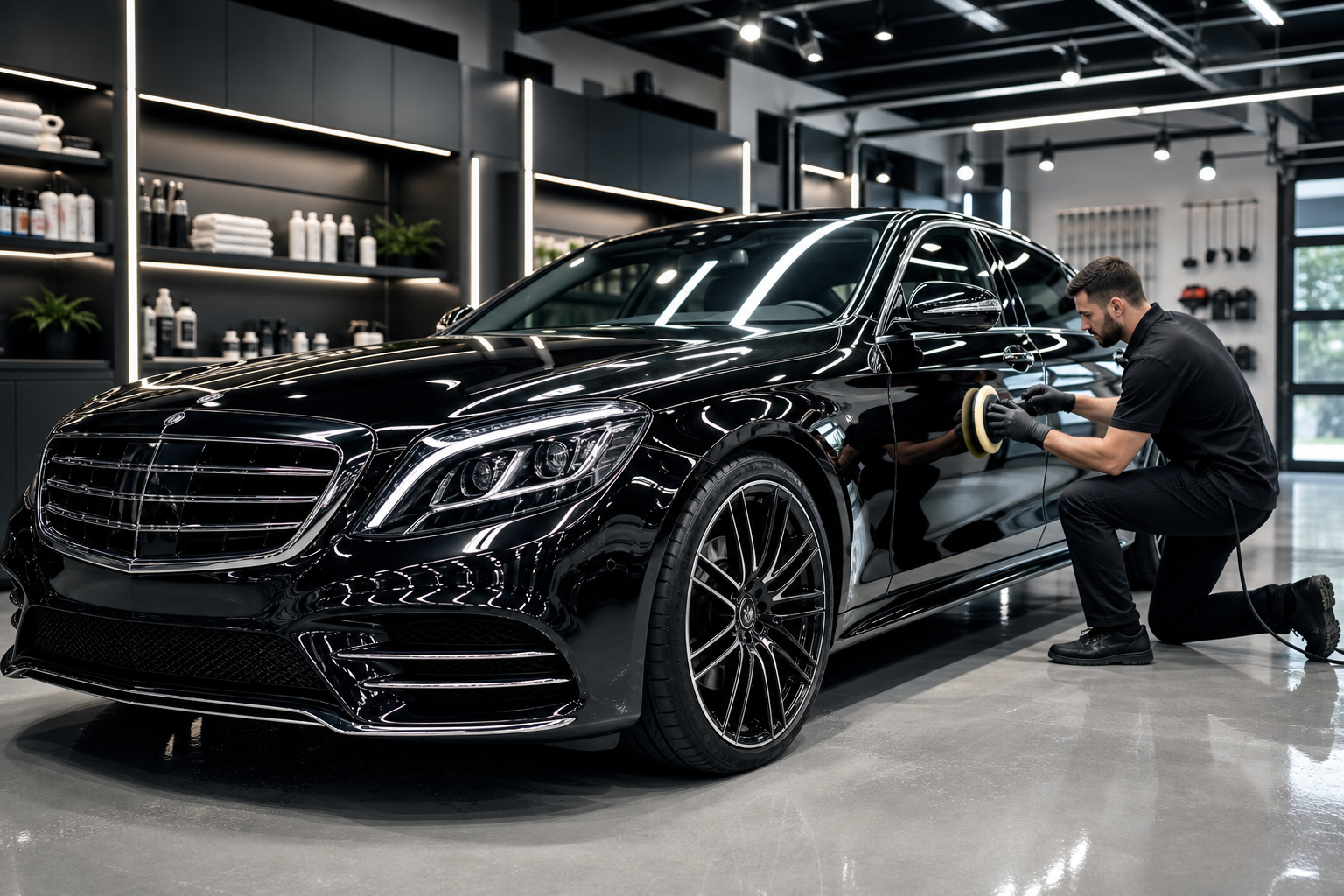 Luxury vehicle being meticulously detailed in a bright, modern auto spa bay