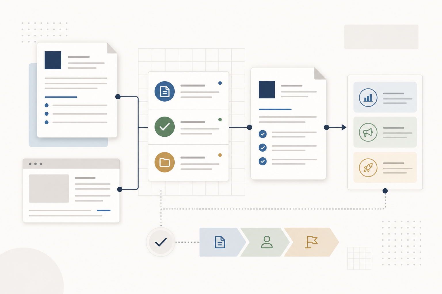 Minimal abstract workflow illustration with structured document cards and grid alignment