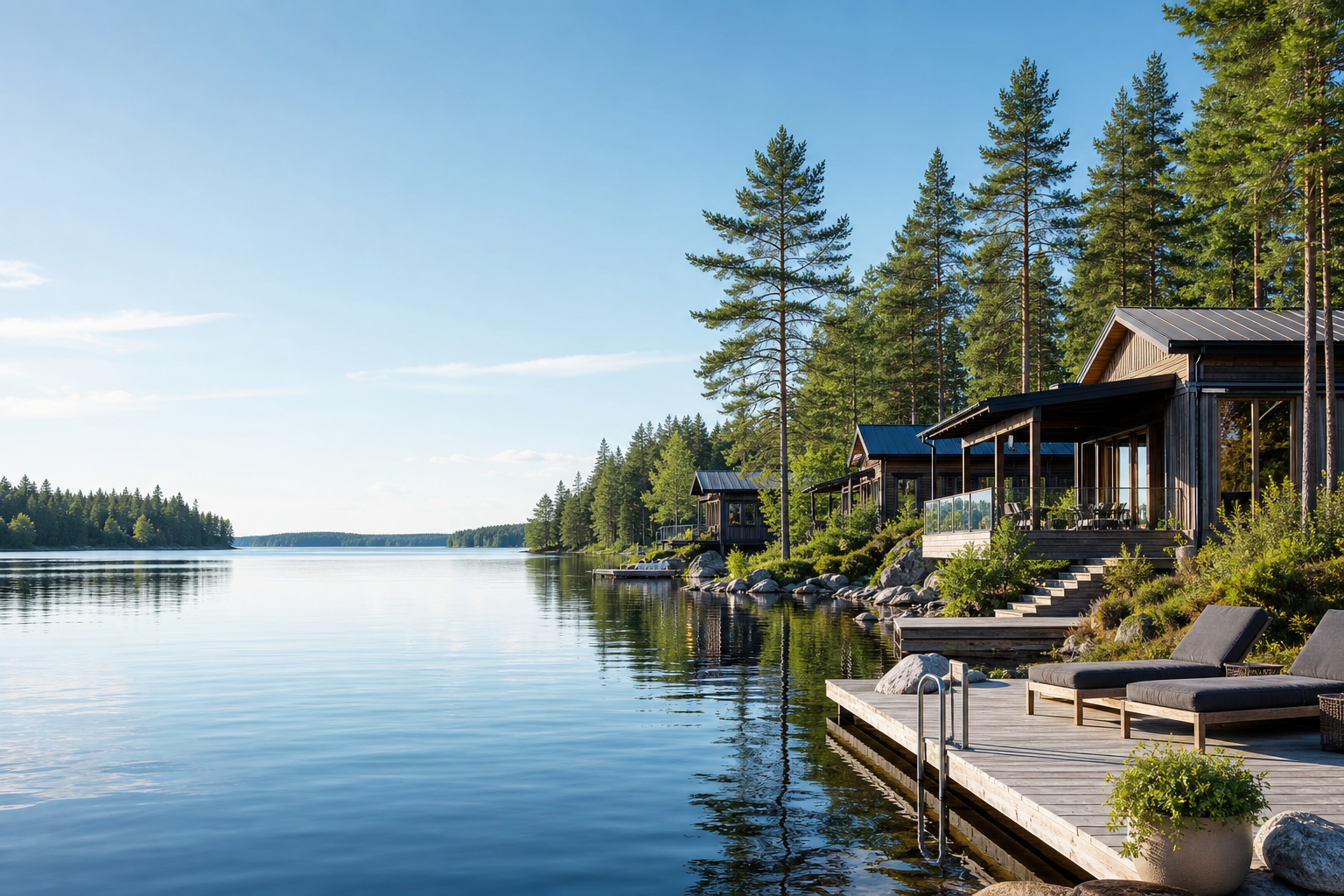 Premium Finnish lakeside resort scene in clear daylight with calm water reflections, elegant modern holiday cottages, pine shoreline, and serene summer atmosphere