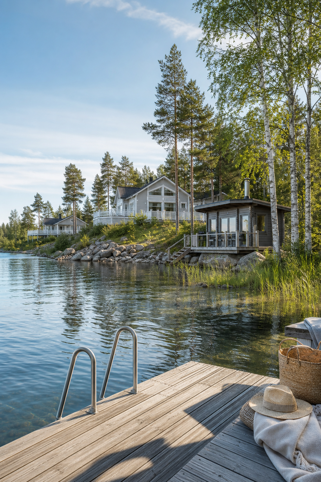 Valoisa suomalainen järvenrantainen lomakeskusnäkymä puulaiturilta, tyyni vesi, vaaleita mökkejä ja kesäinen premium-lomatunnelma