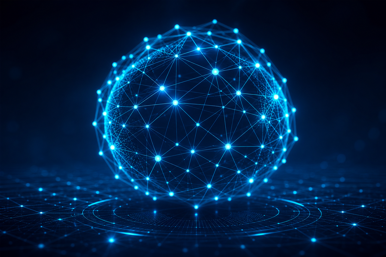 Abstract 3D network sphere with glowing cyan and blue nodes connected by thin lines, floating above a dark tech grid