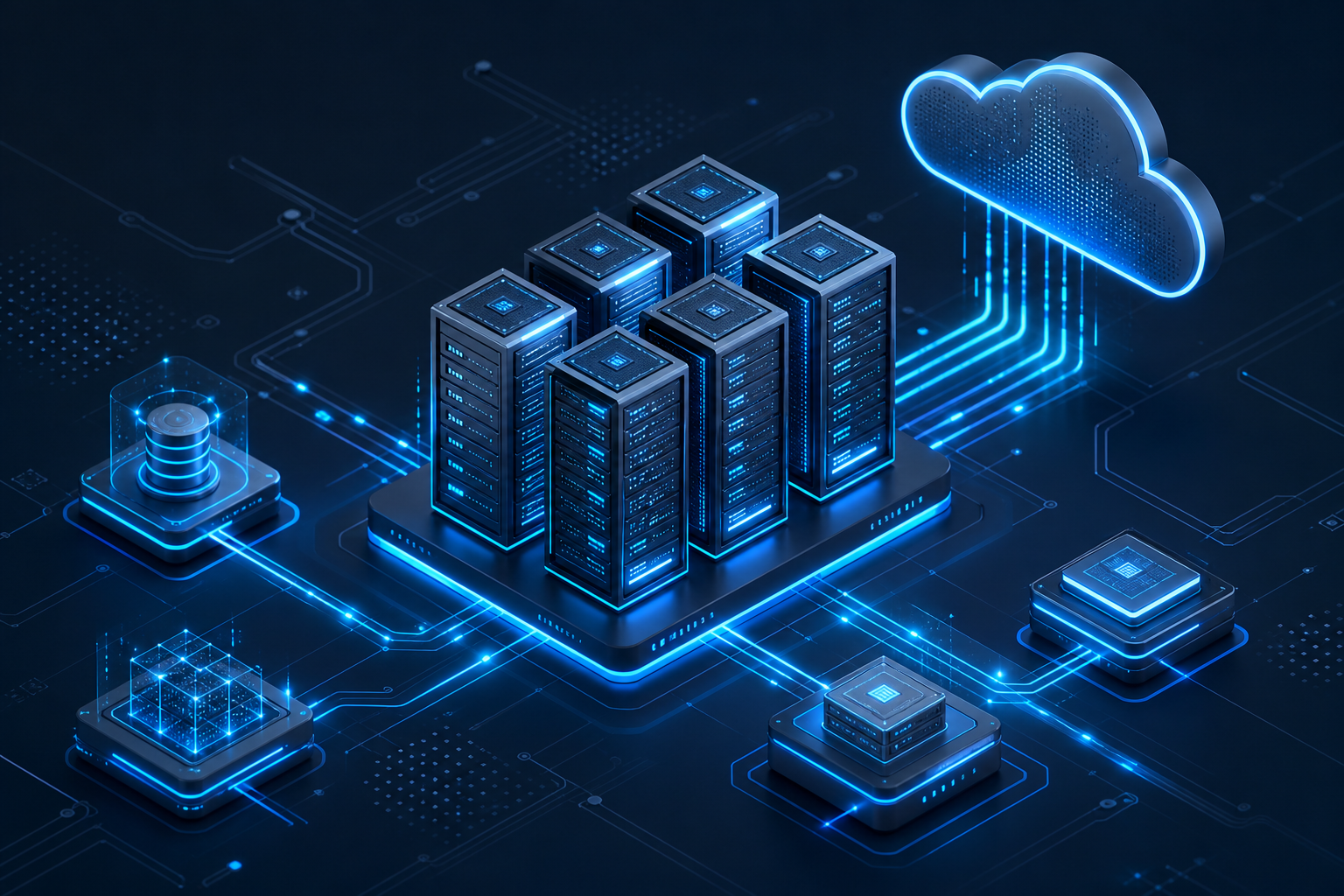 Isometric illustration of futuristic servers connected by glowing data streams and cloud nodes