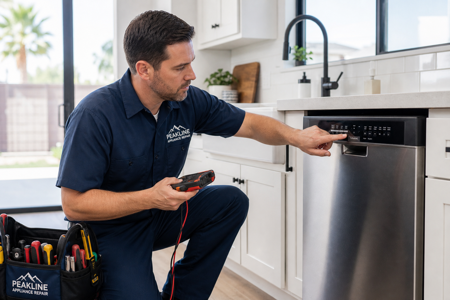 Licensed appliance technician reviewing a dishwasher panel in a clean California kitchen