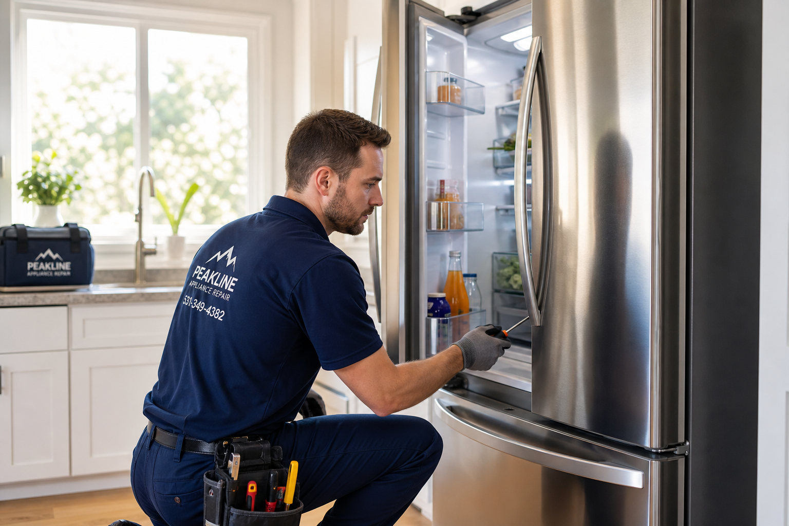 Skilled appliance repair technician inspecting a modern stainless steel refrigerator in a bright California kitchen