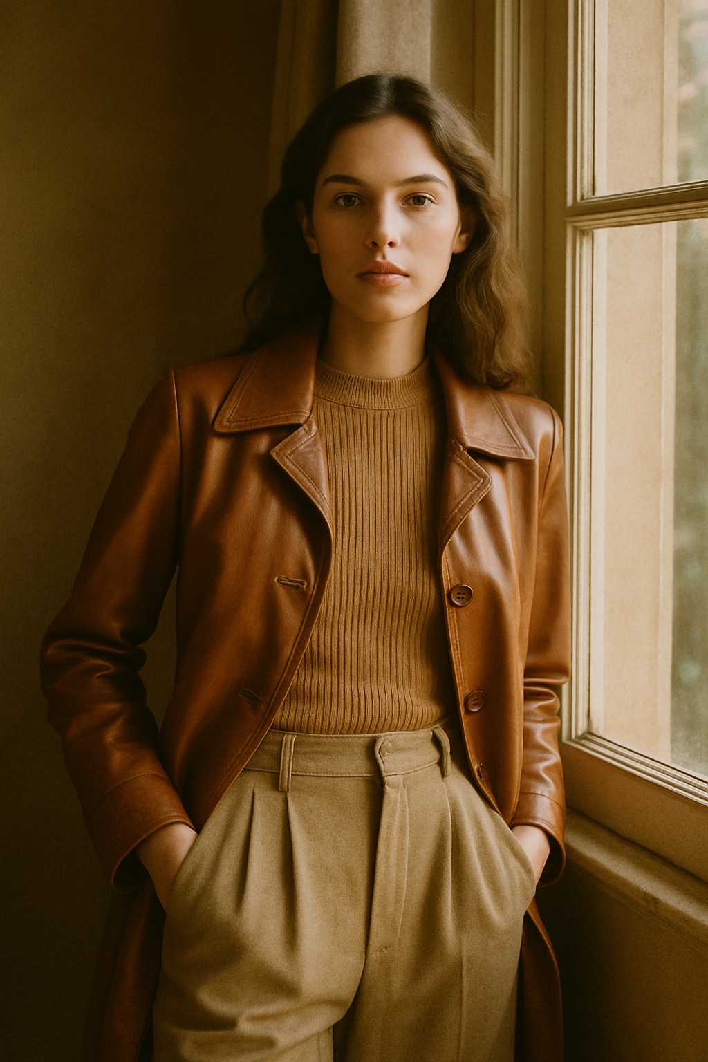 editorial portrait of a model in a caramel leather trench and high-waisted trousers with soft window light