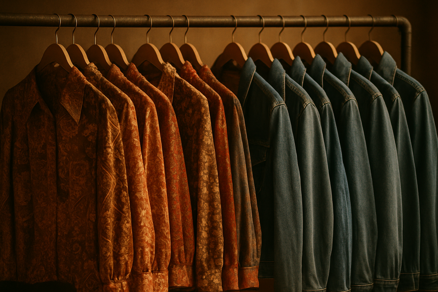 Warm film-style photo of a vintage clothing rack with 70s patterned blouses and 80s denim jackets in earthy tones