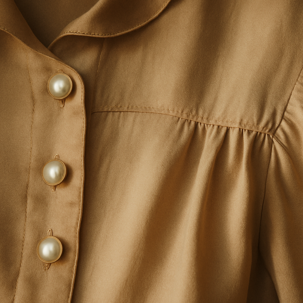 close-up of vintage satin blouse with pearl buttons and delicate stitching in warm light
