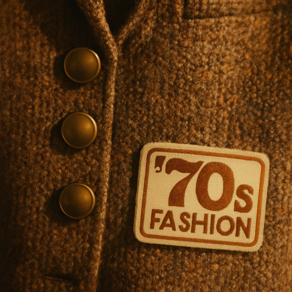 Close-up film photograph of vintage clothing details, showing brass buttons, textured fabric, and a retro label